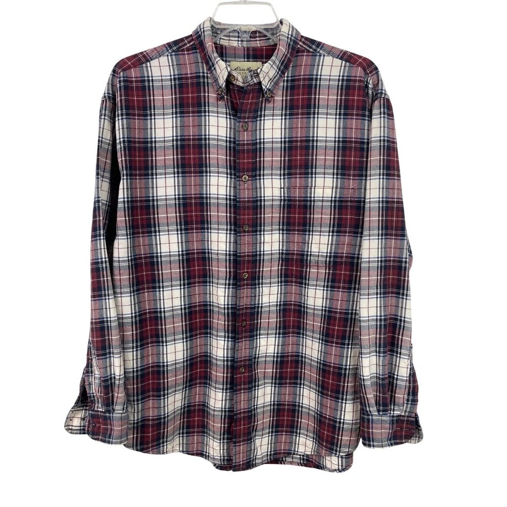 Eddie Bauer Mens Large Red White & Blue Plaid Button-Down Long-Sleeve Shirt